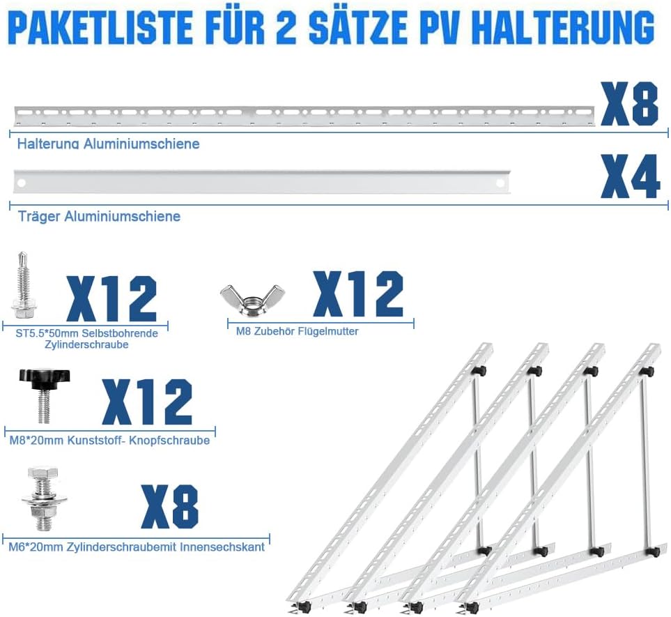 Balcony Power Plant Aluminum Mount for 100W-600W Solar Panels, 118 cm, 2 sets, Adjustable Tilt Angle from 0° to 90° solar panel mount PV flat roof PV module roof mounts solar modules
