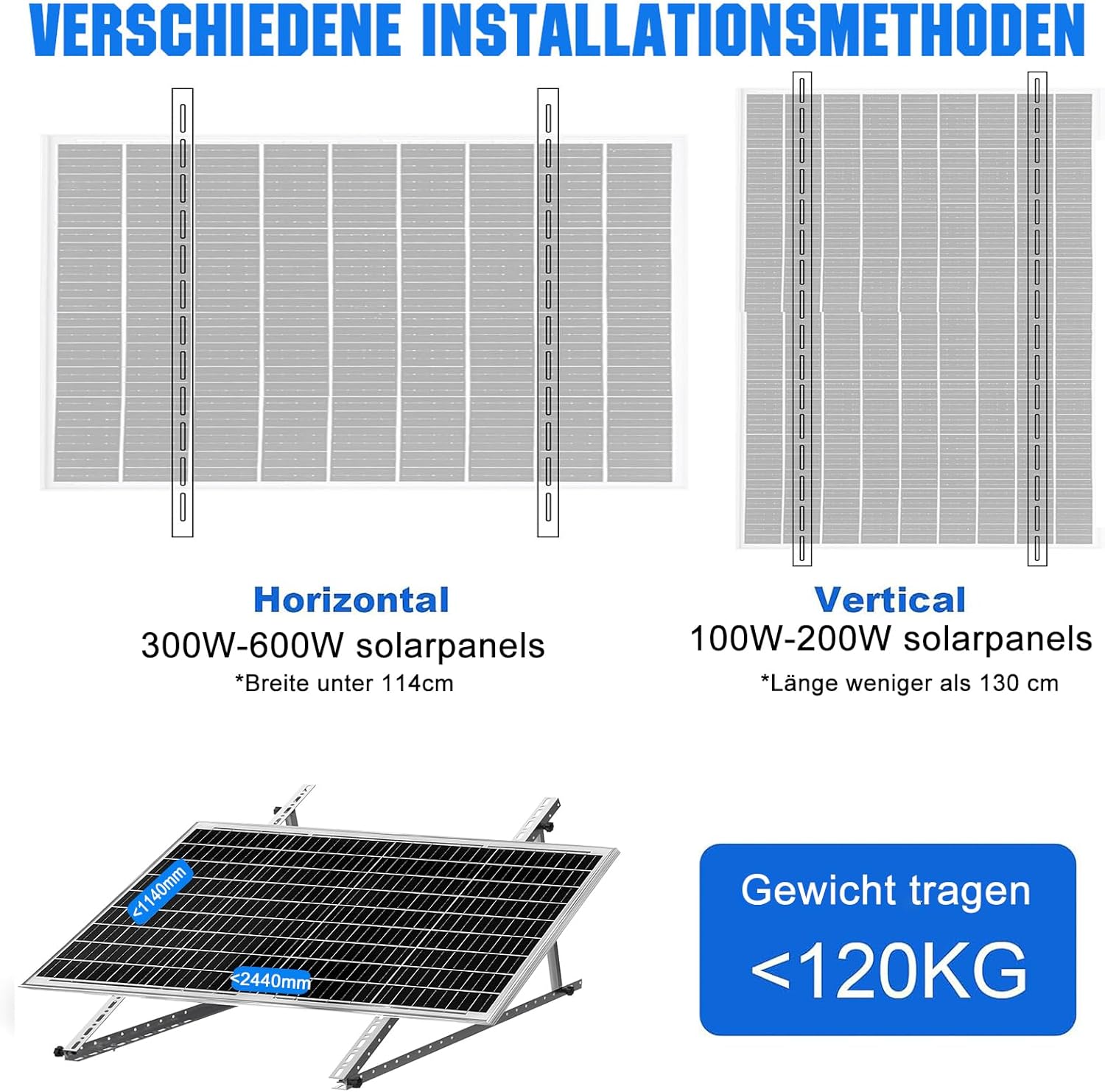 Solarmodul Halterung, 114cm 2 Paar Solarpanel Halterung, Halterung Balkonkraftwerk für 100W-500W Solarpanel, Winkel Einstellbar 0-90° Halterung für Solarpanel, für Dachhalterungen Solarmodule