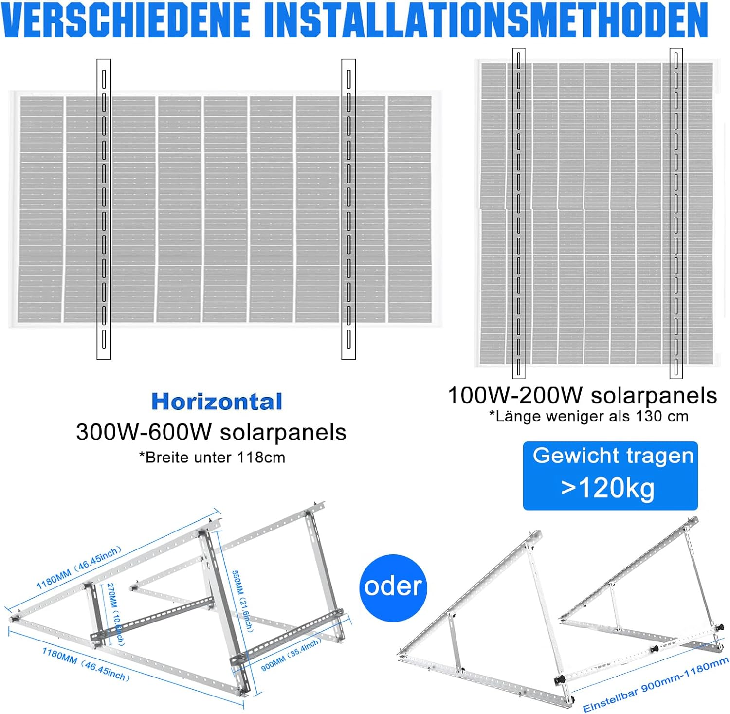 Reinforced Solar Panel Mount Aluminum Reinforced Balcony Power Plant Mount 118CM Mounting Angle 0-90° Solar Panel Mounting Kit for 100W-800W Suitable for Flat Roofs Walls Caravans Boats 2 set