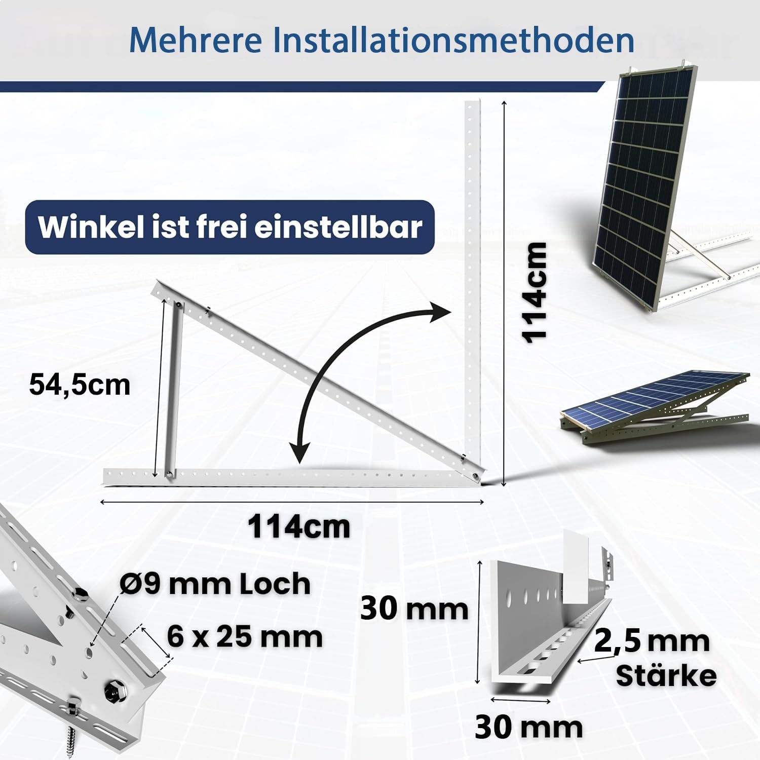 Solarmodul Halterung, 114cm 2 Paar Solarpanel Halterung, Halterung Balkonkraftwerk für 100W-500W Solarpanel, Winkel Einstellbar 0-90° Halterung für Solarpanel, für Dachhalterungen Solarmodule
