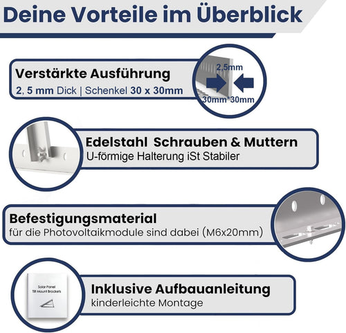 Solarmodul Halterung, 114cm 2 Paar Solarpanel Halterung, Halterung Balkonkraftwerk für 100W-500W Solarpanel, Winkel Einstellbar 0-90° Halterung für Solarpanel, für Dachhalterungen Solarmodule