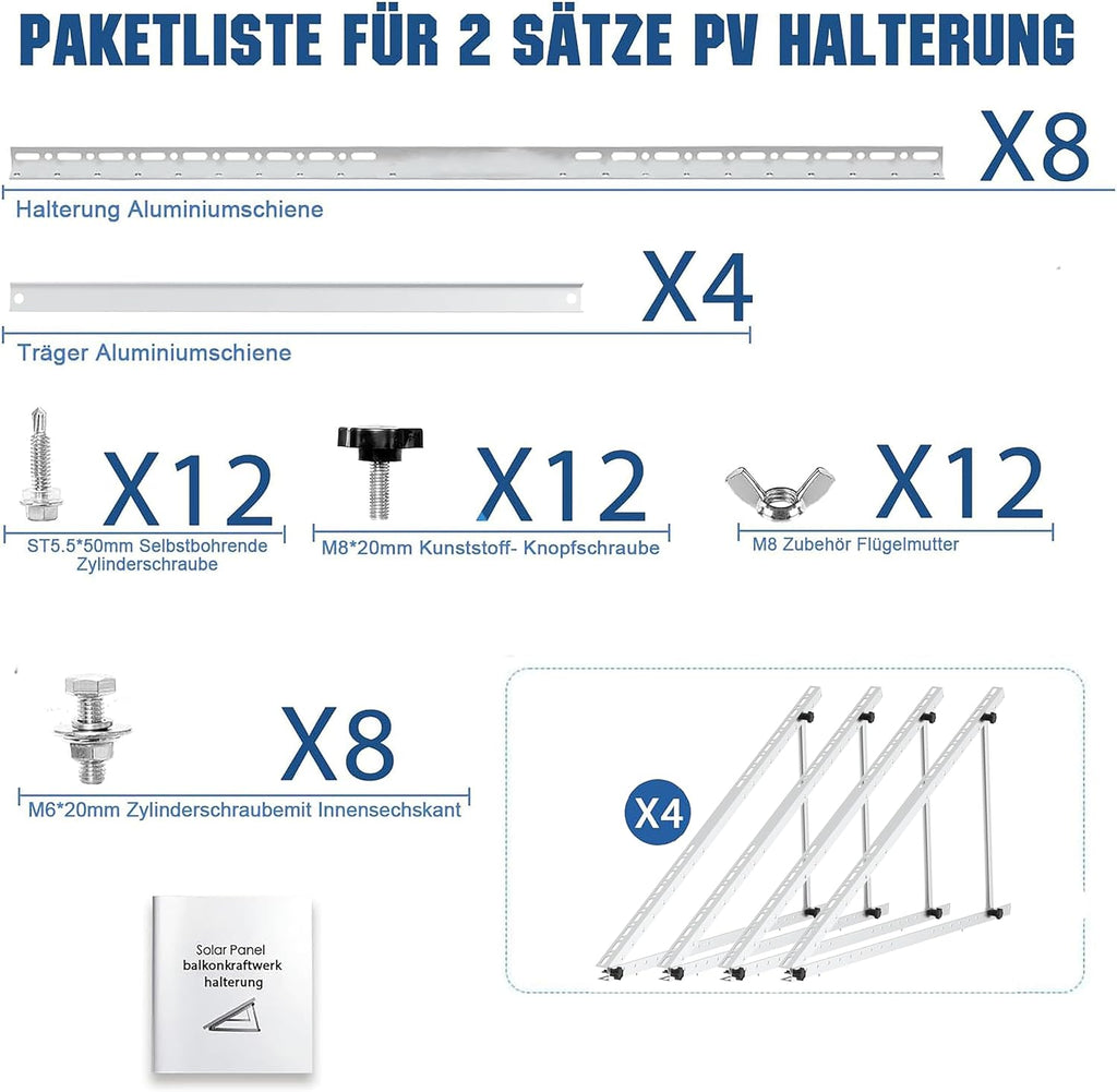 Solarmodul Halterung, 114cm 2 Paar Solarpanel Halterung, Halterung Balkonkraftwerk für 100W-500W Solarpanel, Winkel Einstellbar 0-90° Halterung für Solarpanel, für Dachhalterungen Solarmodule