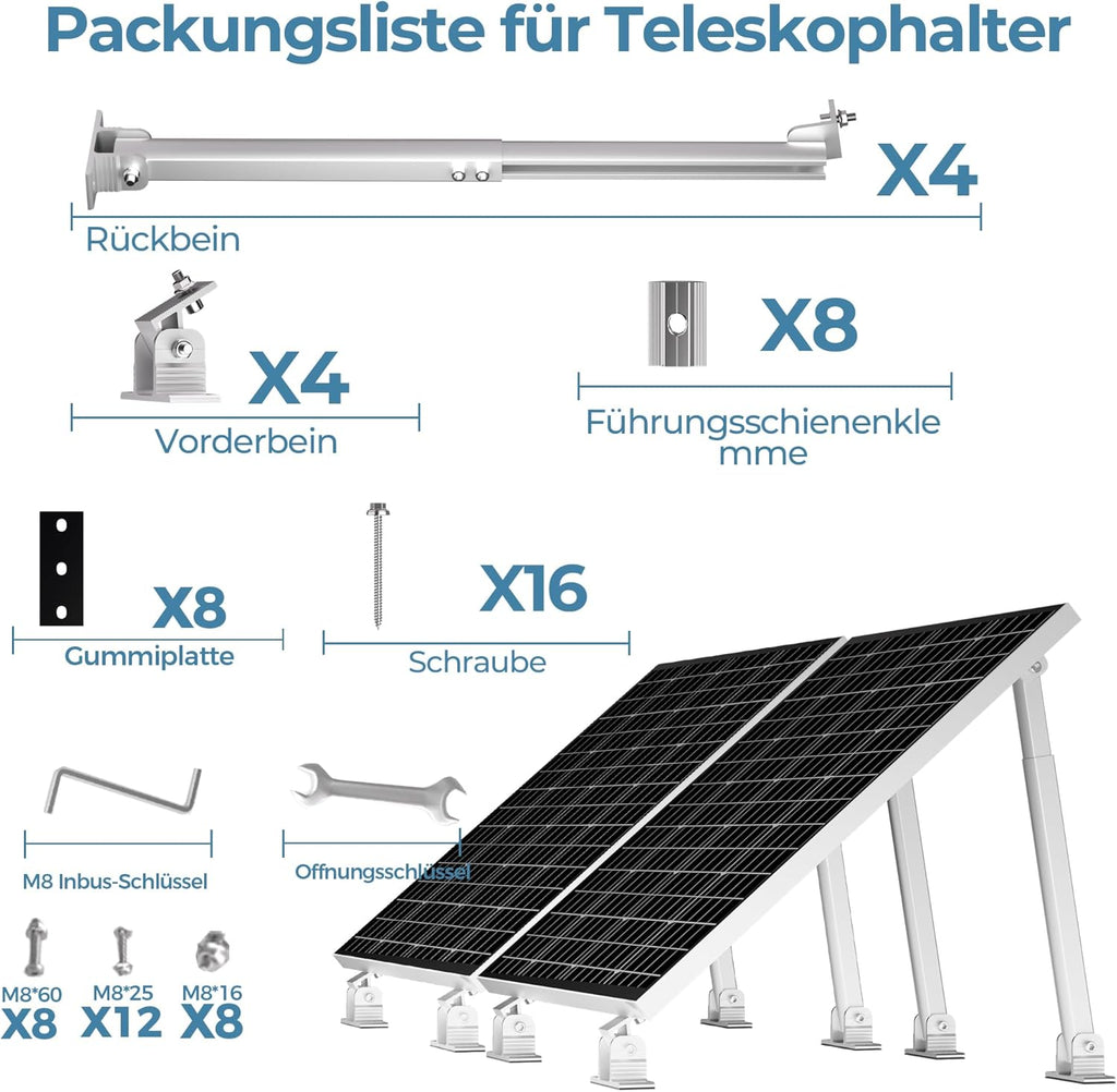 Kit de centrale solaire de balcon 2 panneaux support réglable 15°-30° pour panneaux solaires, montage universel pour toits plats et murs pour modules photovoltaïques de 100W-600W, fixation facile