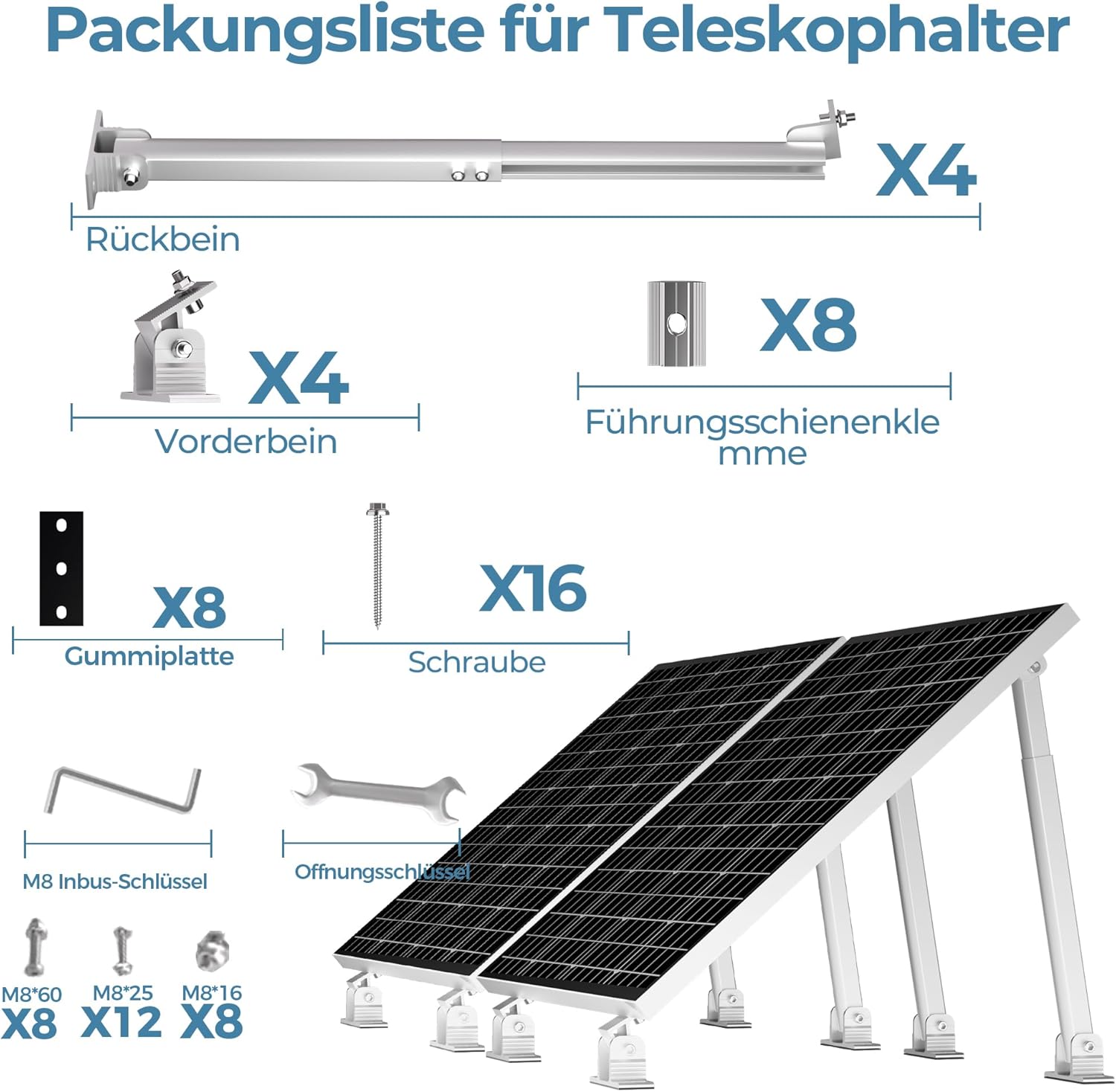 Kit de centrale solaire de balcon 2 panneaux support réglable 15°-30° pour panneaux solaires, montage universel pour toits plats et murs pour modules photovoltaïques de 100W-600W, fixation facile
