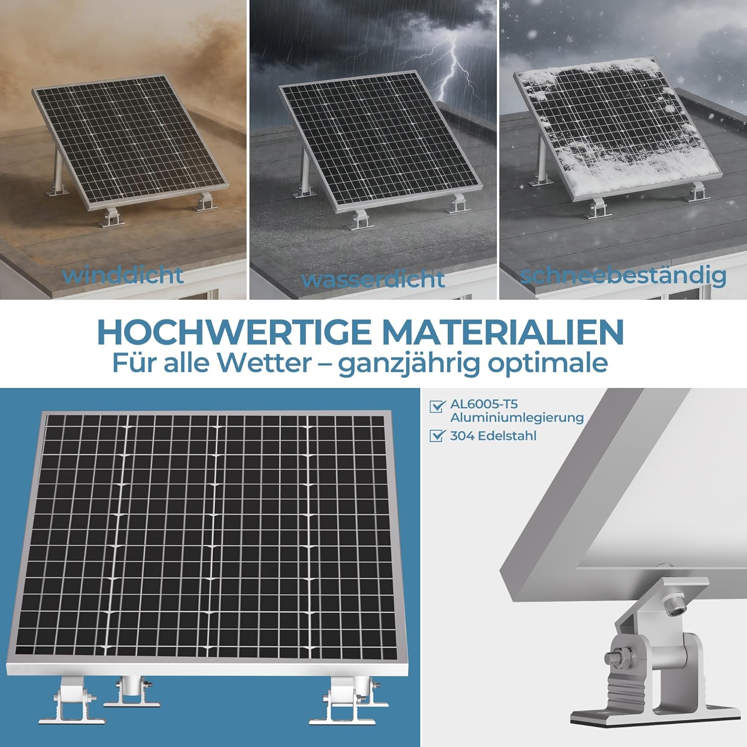 Kit de centrale solaire de balcon 2 panneaux support réglable 15°-30° pour panneaux solaires, montage universel pour toits plats et murs pour modules photovoltaïques de 100W-600W, fixation facile