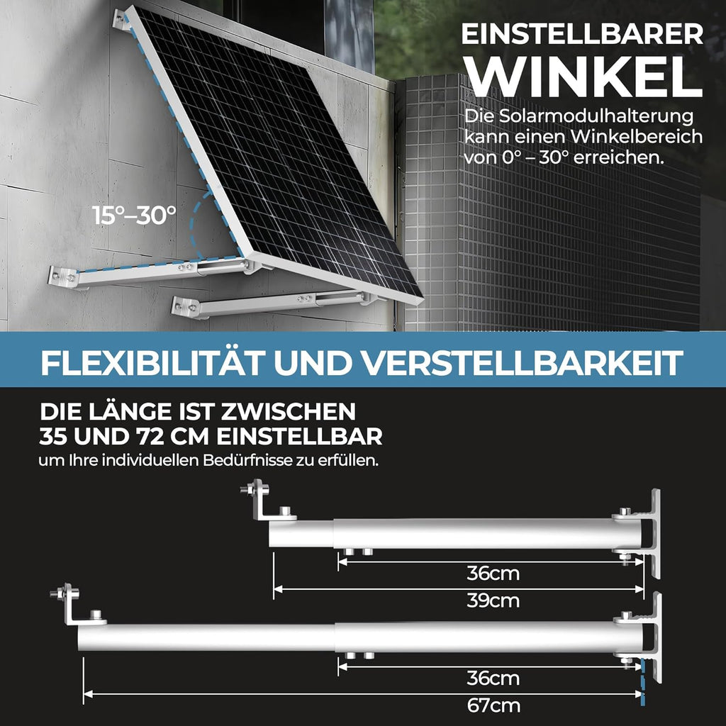 Kit de centrale solaire de balcon 2 panneaux support réglable 15°-30° pour panneaux solaires, montage universel pour toits plats et murs pour modules photovoltaïques de 100W-600W, fixation facile