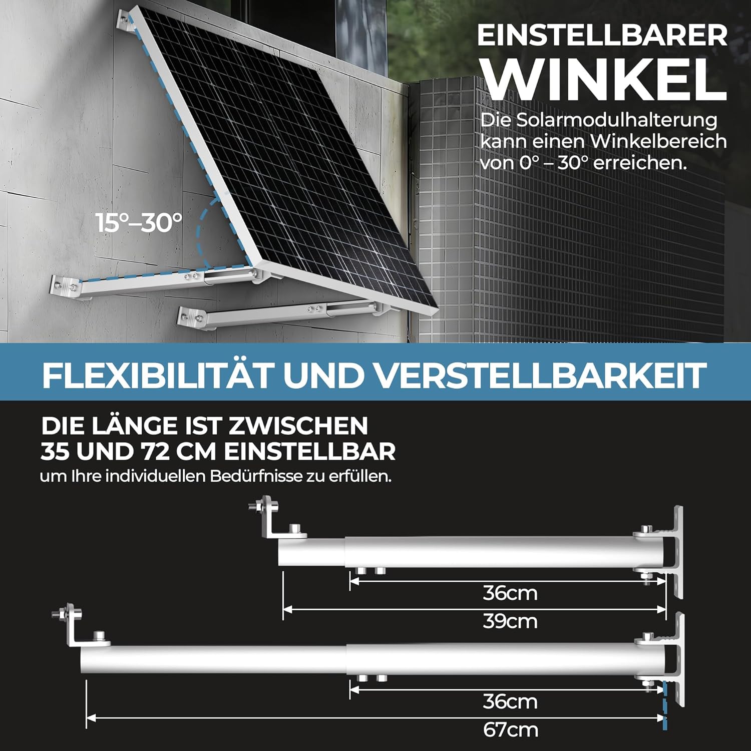 Kit de centrale solaire de balcon 2 panneaux support réglable 15°-30° pour panneaux solaires, montage universel pour toits plats et murs pour modules photovoltaïques de 100W-600W, fixation facile