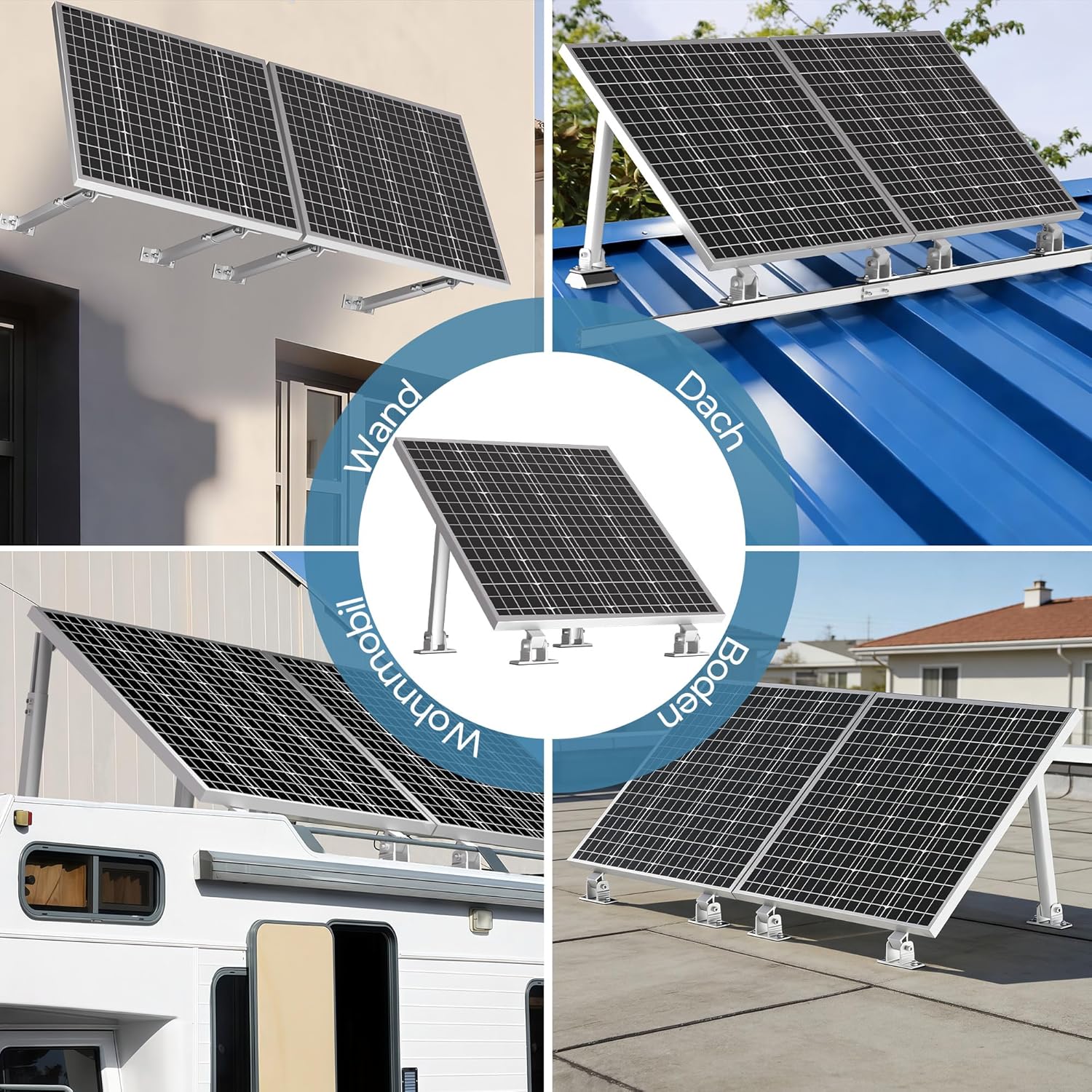 Kit de centrale solaire de balcon 2 panneaux support réglable 15°-30° pour panneaux solaires, montage universel pour toits plats et murs pour modules photovoltaïques de 100W-600W, fixation facile
